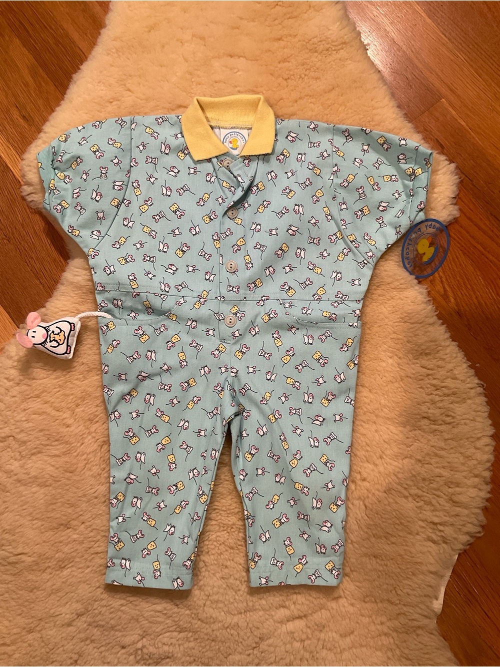 Vintage Pattycakes mouse and cheese light blue jumpsuit